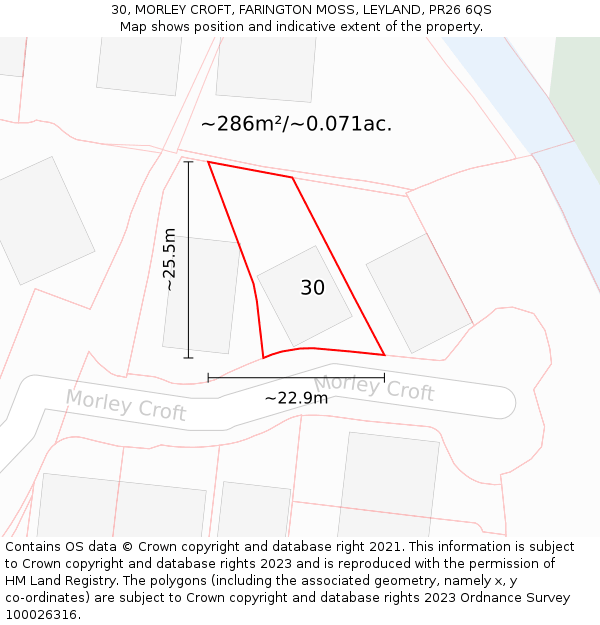 30, MORLEY CROFT, FARINGTON MOSS, LEYLAND, PR26 6QS: Plot and title map