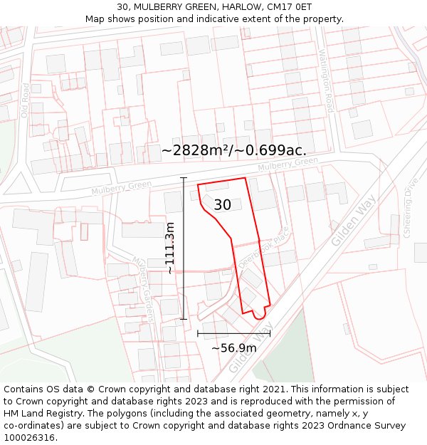 30, MULBERRY GREEN, HARLOW, CM17 0ET: Plot and title map