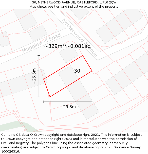 30, NETHERWOOD AVENUE, CASTLEFORD, WF10 2QW: Plot and title map