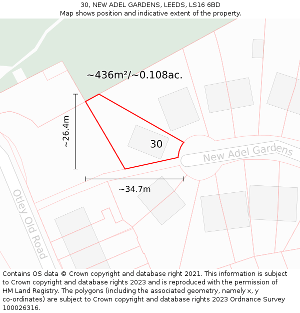 30, NEW ADEL GARDENS, LEEDS, LS16 6BD: Plot and title map