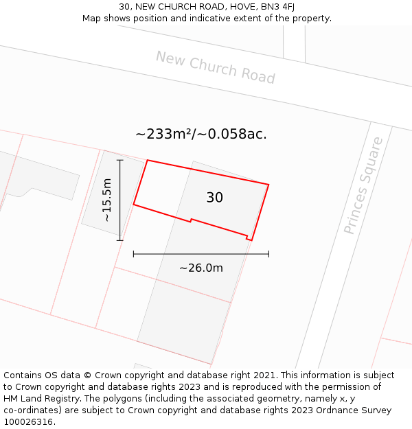 30, NEW CHURCH ROAD, HOVE, BN3 4FJ: Plot and title map