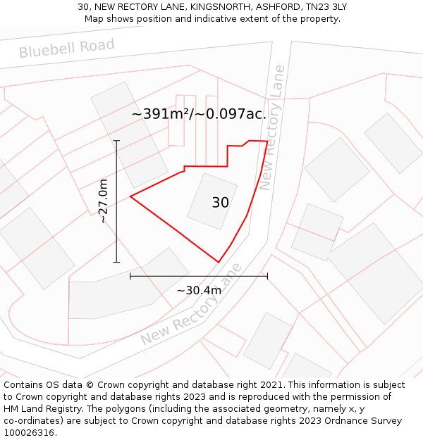 30, NEW RECTORY LANE, KINGSNORTH, ASHFORD, TN23 3LY: Plot and title map