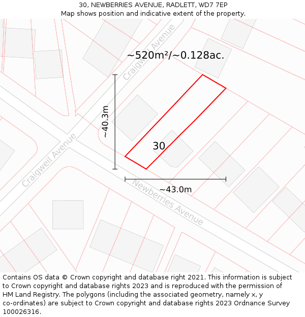 30, NEWBERRIES AVENUE, RADLETT, WD7 7EP: Plot and title map