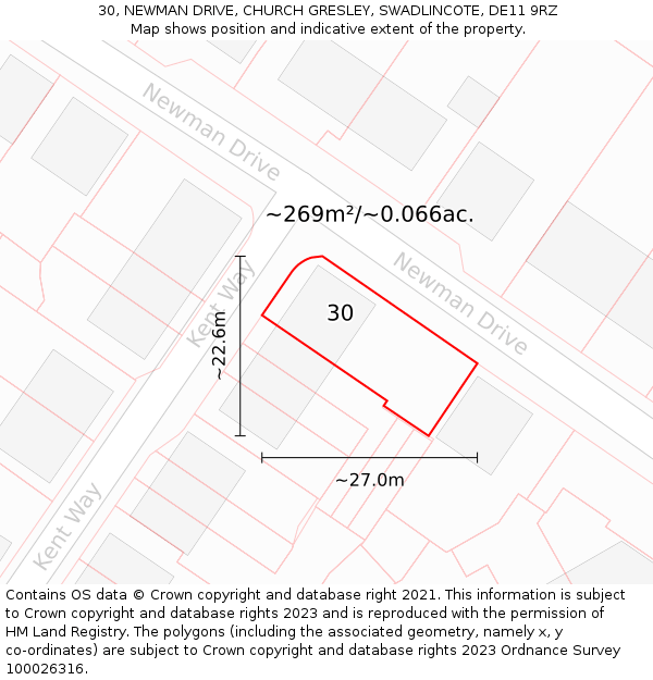 30, NEWMAN DRIVE, CHURCH GRESLEY, SWADLINCOTE, DE11 9RZ: Plot and title map