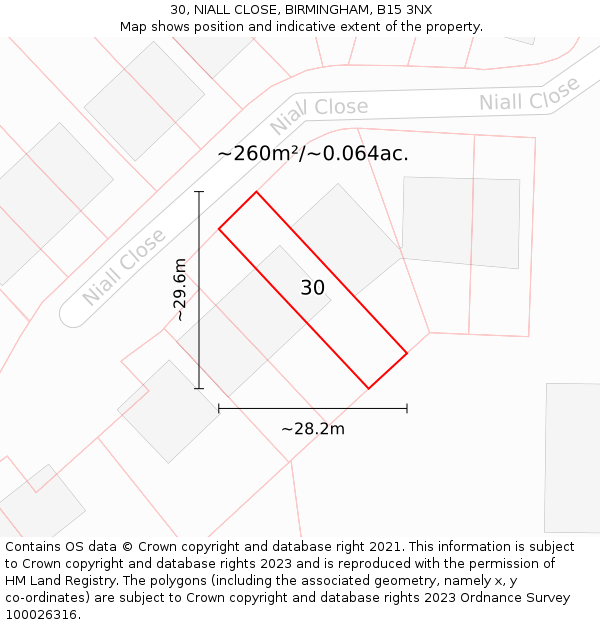 30, NIALL CLOSE, BIRMINGHAM, B15 3NX: Plot and title map