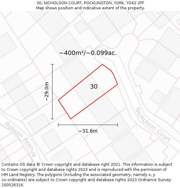 30, NICHOLSON COURT, POCKLINGTON, YORK, YO42 2PF: Plot and title map