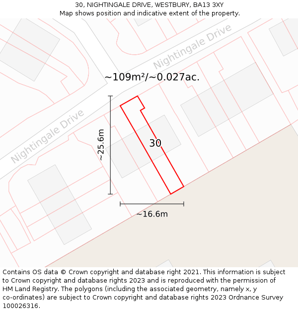 30, NIGHTINGALE DRIVE, WESTBURY, BA13 3XY: Plot and title map