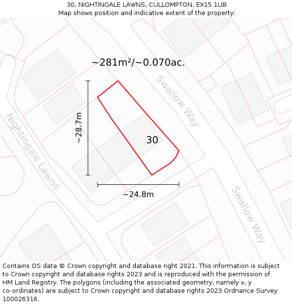 30, NIGHTINGALE LAWNS, CULLOMPTON, EX15 1UB: Plot and title map