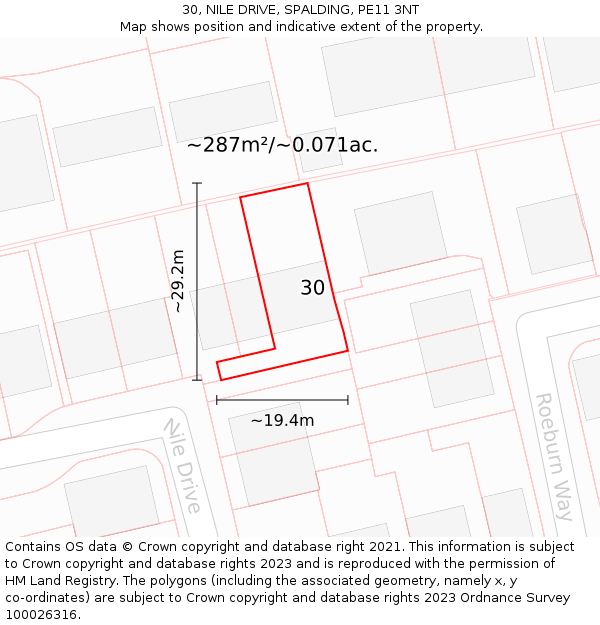 30, NILE DRIVE, SPALDING, PE11 3NT: Plot and title map