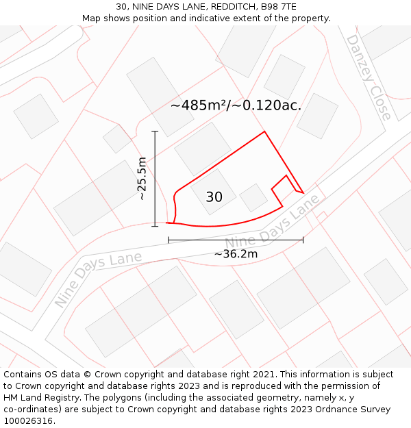 30, NINE DAYS LANE, REDDITCH, B98 7TE: Plot and title map