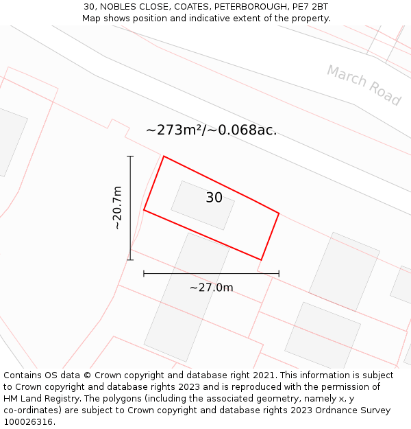 30, NOBLES CLOSE, COATES, PETERBOROUGH, PE7 2BT: Plot and title map