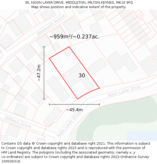 30, NOON LAYER DRIVE, MIDDLETON, MILTON KEYNES, MK10 9FQ: Plot and title map