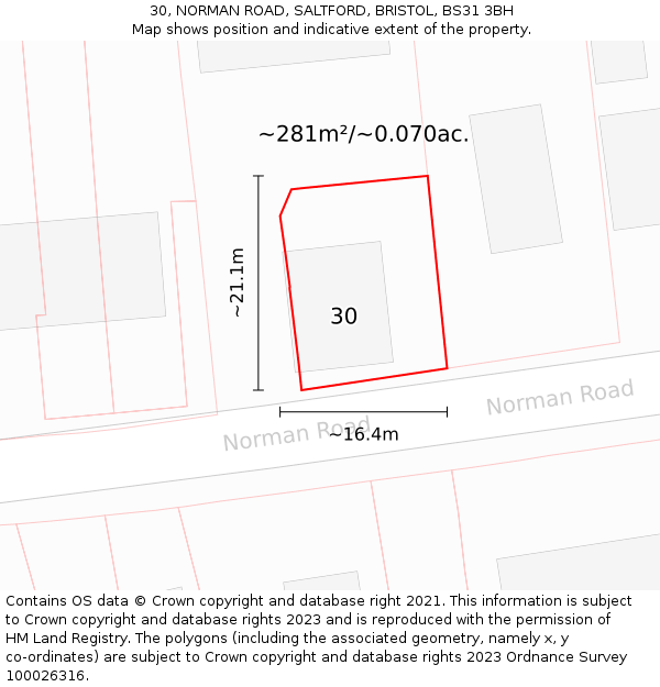 30, NORMAN ROAD, SALTFORD, BRISTOL, BS31 3BH: Plot and title map