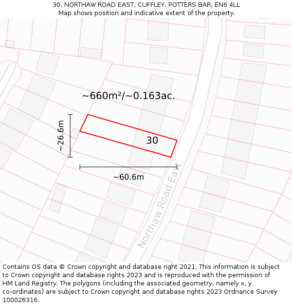 30, NORTHAW ROAD EAST, CUFFLEY, POTTERS BAR, EN6 4LL: Plot and title map