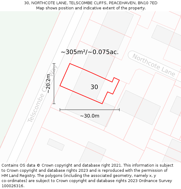 30, NORTHCOTE LANE, TELSCOMBE CLIFFS, PEACEHAVEN, BN10 7ED: Plot and title map