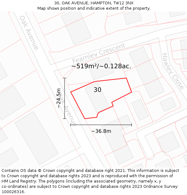 30, OAK AVENUE, HAMPTON, TW12 3NX: Plot and title map