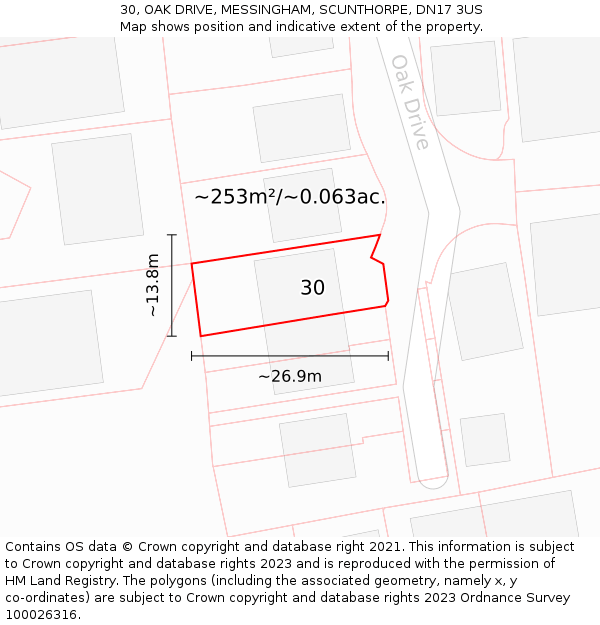 30, OAK DRIVE, MESSINGHAM, SCUNTHORPE, DN17 3US: Plot and title map