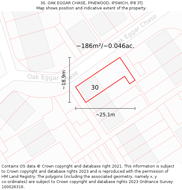 30, OAK EGGAR CHASE, PINEWOOD, IPSWICH, IP8 3TJ: Plot and title map