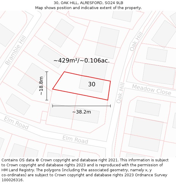 30, OAK HILL, ALRESFORD, SO24 9LB: Plot and title map