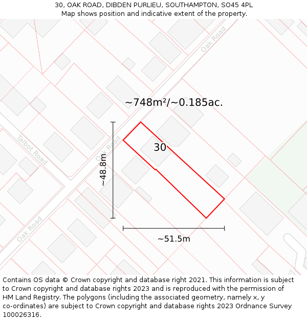 30, OAK ROAD, DIBDEN PURLIEU, SOUTHAMPTON, SO45 4PL: Plot and title map