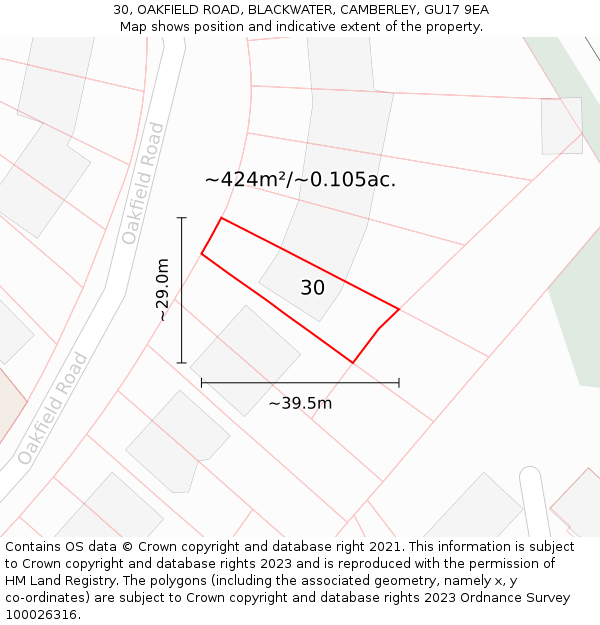 30, OAKFIELD ROAD, BLACKWATER, CAMBERLEY, GU17 9EA: Plot and title map