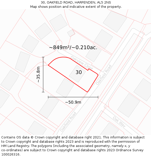 30, OAKFIELD ROAD, HARPENDEN, AL5 2NS: Plot and title map