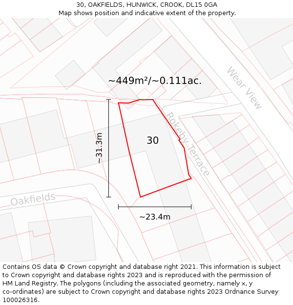 30, OAKFIELDS, HUNWICK, CROOK, DL15 0GA: Plot and title map