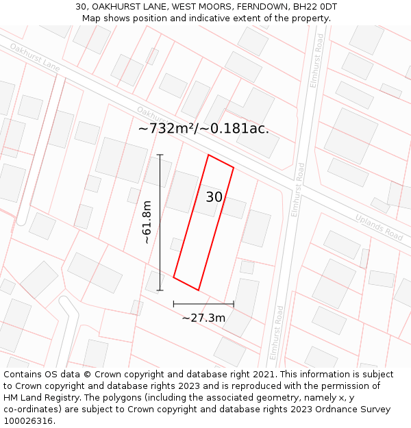 30, OAKHURST LANE, WEST MOORS, FERNDOWN, BH22 0DT: Plot and title map