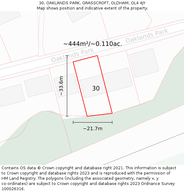 30, OAKLANDS PARK, GRASSCROFT, OLDHAM, OL4 4JY: Plot and title map