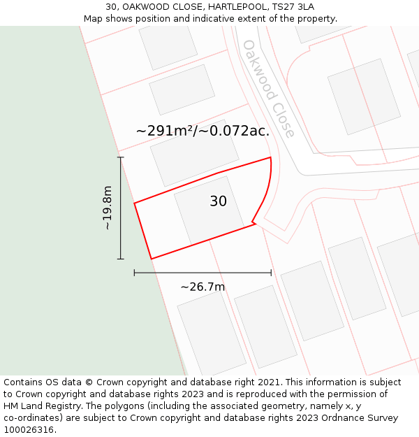 30, OAKWOOD CLOSE, HARTLEPOOL, TS27 3LA: Plot and title map