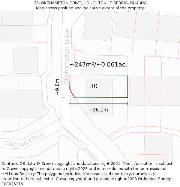 30, OKEHAMPTON DRIVE, HOUGHTON LE SPRING, DH4 4YA: Plot and title map