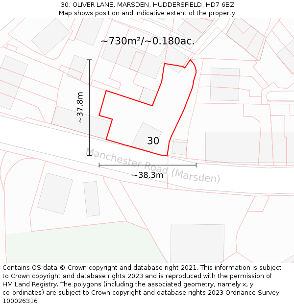 30, OLIVER LANE, MARSDEN, HUDDERSFIELD, HD7 6BZ: Plot and title map