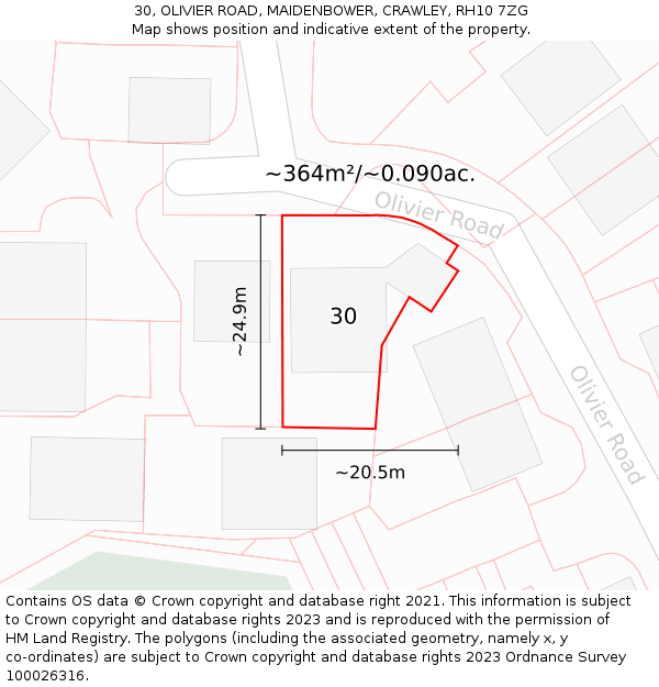 30, OLIVIER ROAD, MAIDENBOWER, CRAWLEY, RH10 7ZG: Plot and title map