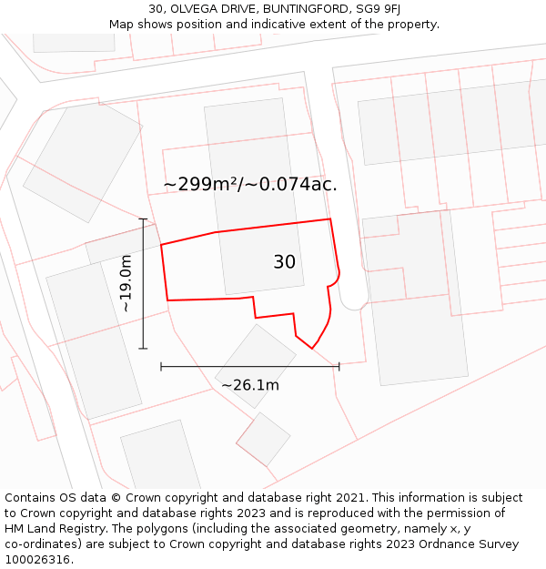 30, OLVEGA DRIVE, BUNTINGFORD, SG9 9FJ: Plot and title map