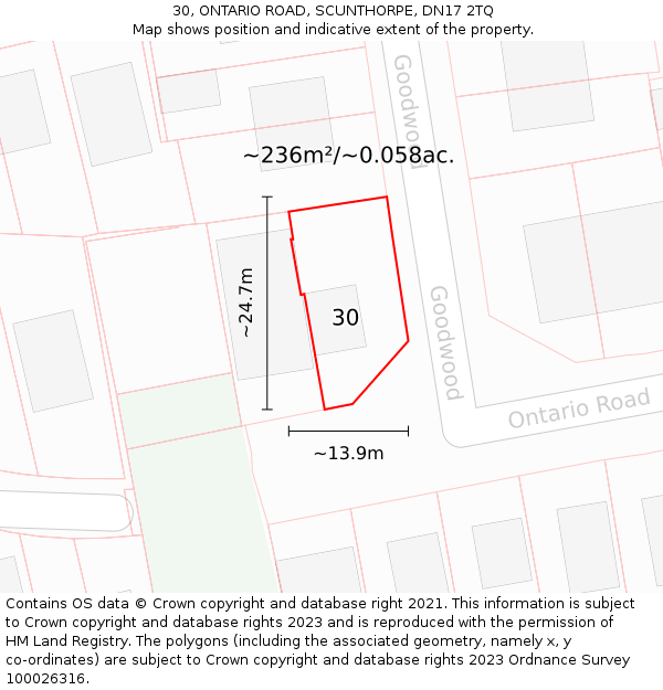 30, ONTARIO ROAD, SCUNTHORPE, DN17 2TQ: Plot and title map