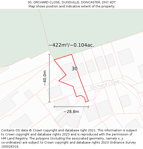 30, ORCHARD CLOSE, DUNSVILLE, DONCASTER, DN7 4DT: Plot and title map