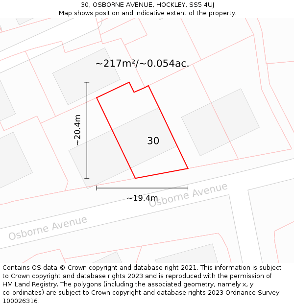 30, OSBORNE AVENUE, HOCKLEY, SS5 4UJ: Plot and title map