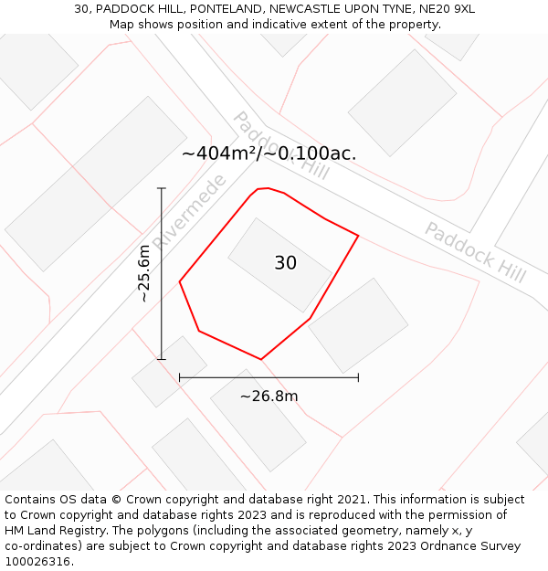 30, PADDOCK HILL, PONTELAND, NEWCASTLE UPON TYNE, NE20 9XL: Plot and title map
