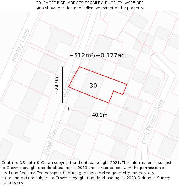 30, PAGET RISE, ABBOTS BROMLEY, RUGELEY, WS15 3EF: Plot and title map