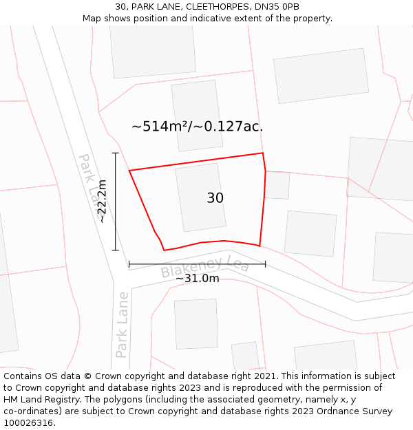 30, PARK LANE, CLEETHORPES, DN35 0PB: Plot and title map