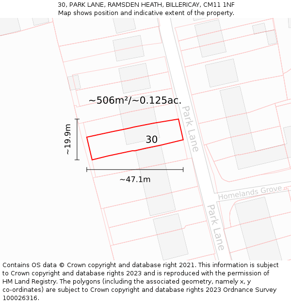 30, PARK LANE, RAMSDEN HEATH, BILLERICAY, CM11 1NF: Plot and title map