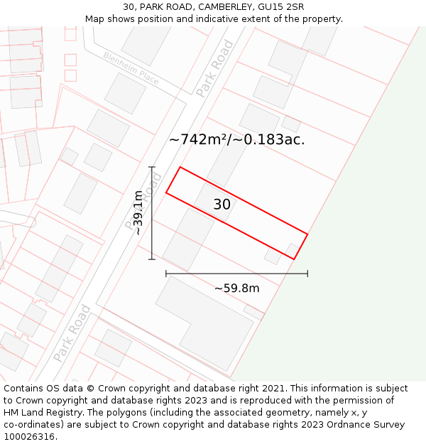 30, PARK ROAD, CAMBERLEY, GU15 2SR: Plot and title map