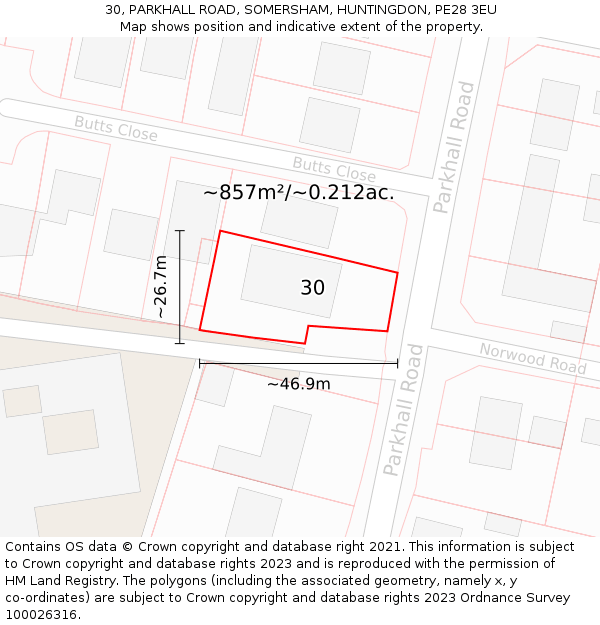 30, PARKHALL ROAD, SOMERSHAM, HUNTINGDON, PE28 3EU: Plot and title map