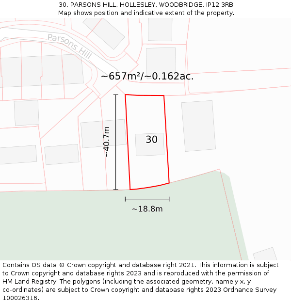 30, PARSONS HILL, HOLLESLEY, WOODBRIDGE, IP12 3RB: Plot and title map
