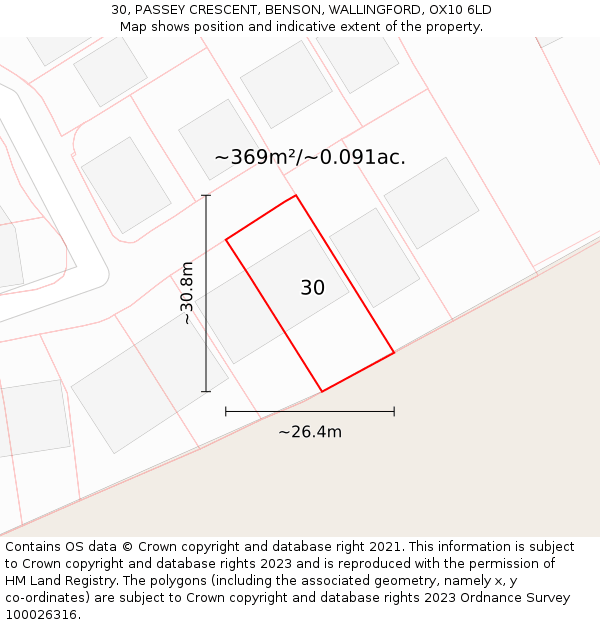 30, PASSEY CRESCENT, BENSON, WALLINGFORD, OX10 6LD: Plot and title map