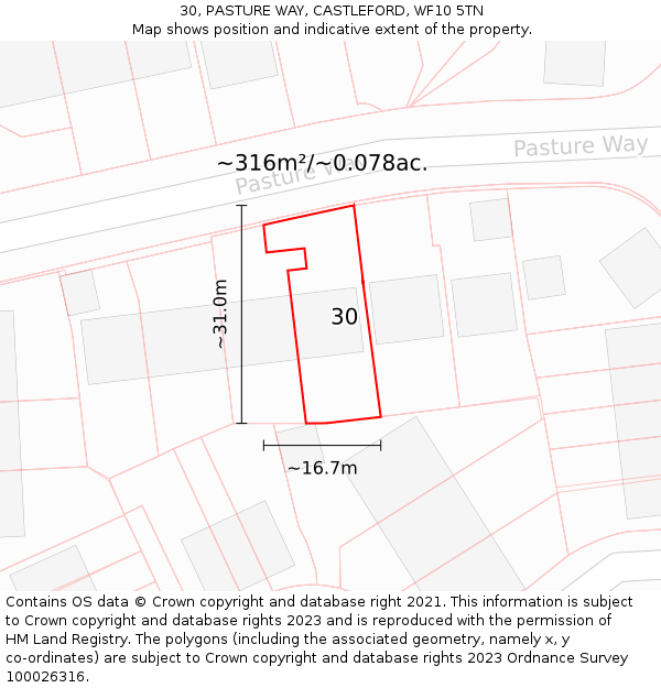 30, PASTURE WAY, CASTLEFORD, WF10 5TN: Plot and title map