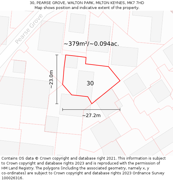 30, PEARSE GROVE, WALTON PARK, MILTON KEYNES, MK7 7HD: Plot and title map