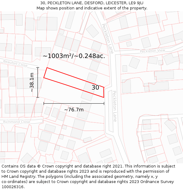 30, PECKLETON LANE, DESFORD, LEICESTER, LE9 9JU: Plot and title map