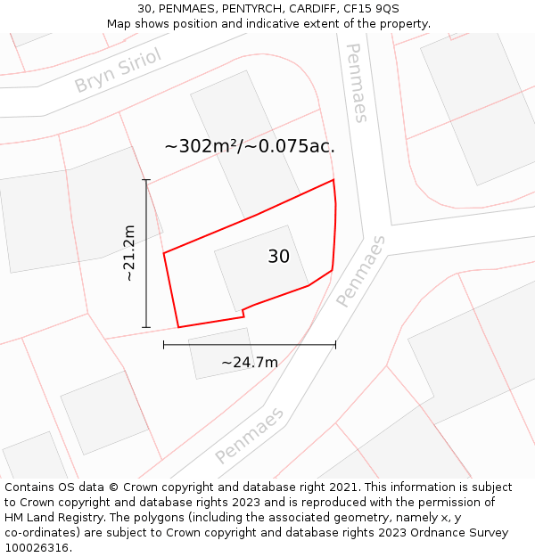 30, PENMAES, PENTYRCH, CARDIFF, CF15 9QS: Plot and title map