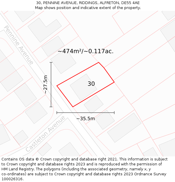 30, PENNINE AVENUE, RIDDINGS, ALFRETON, DE55 4AE: Plot and title map